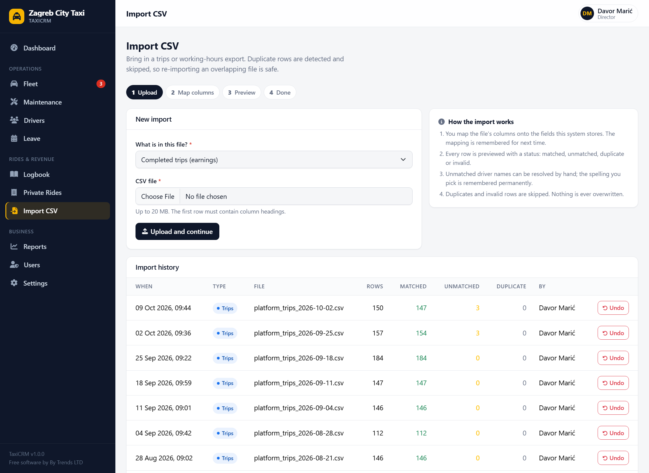 The CSV import screen with a history of weekly trip imports and an undo button on each.