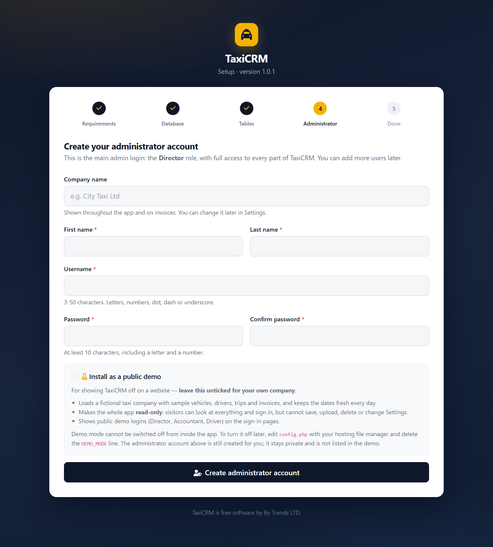 The installer's step for creating the main administrator account, with the optional public-demo switch.