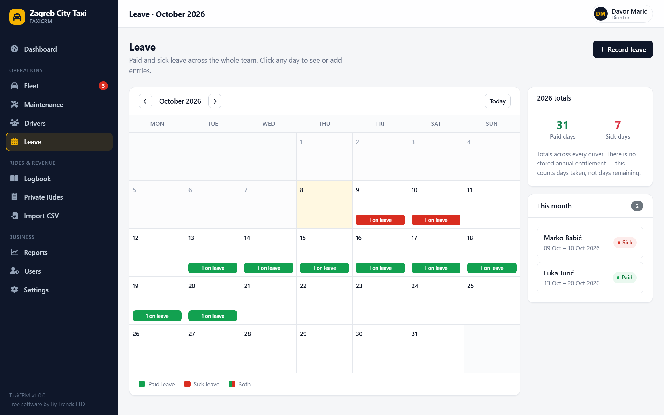 The leave calendar showing paid and sick leave.
