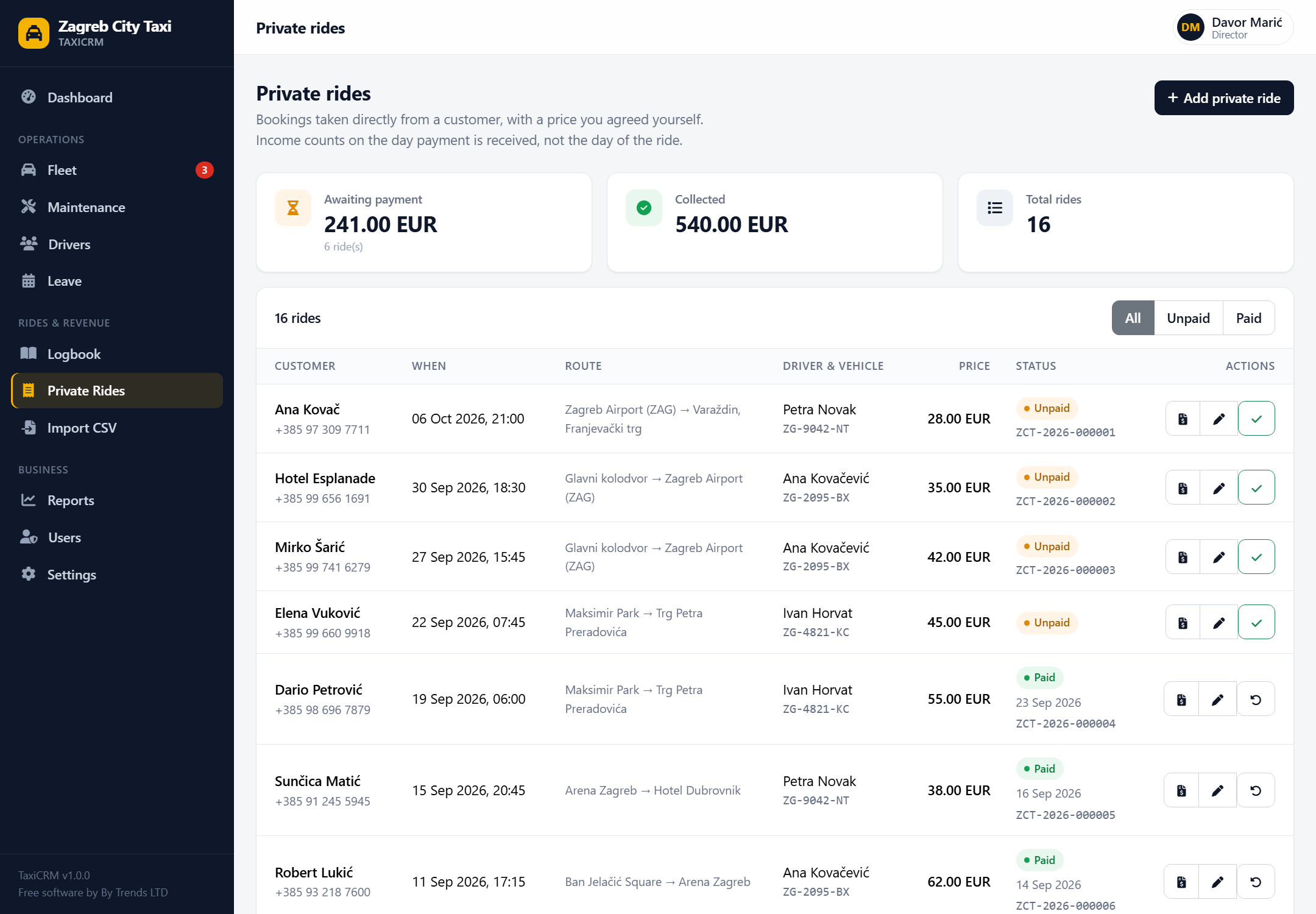 The private rides list with paid and unpaid rides, invoice numbers and an amount-awaiting-payment total.
