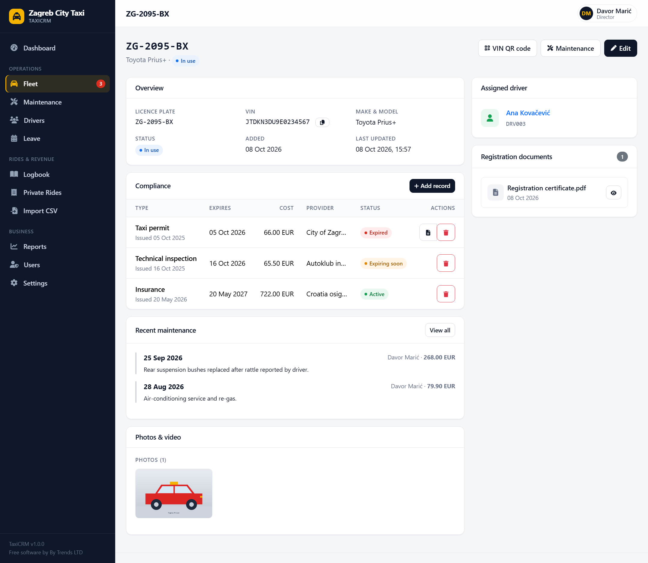 A vehicle page with its compliance records: an expired taxi permit, an inspection expiring soon and active insurance.
